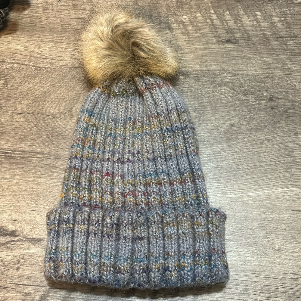 No brand multi color beanie with puff ball